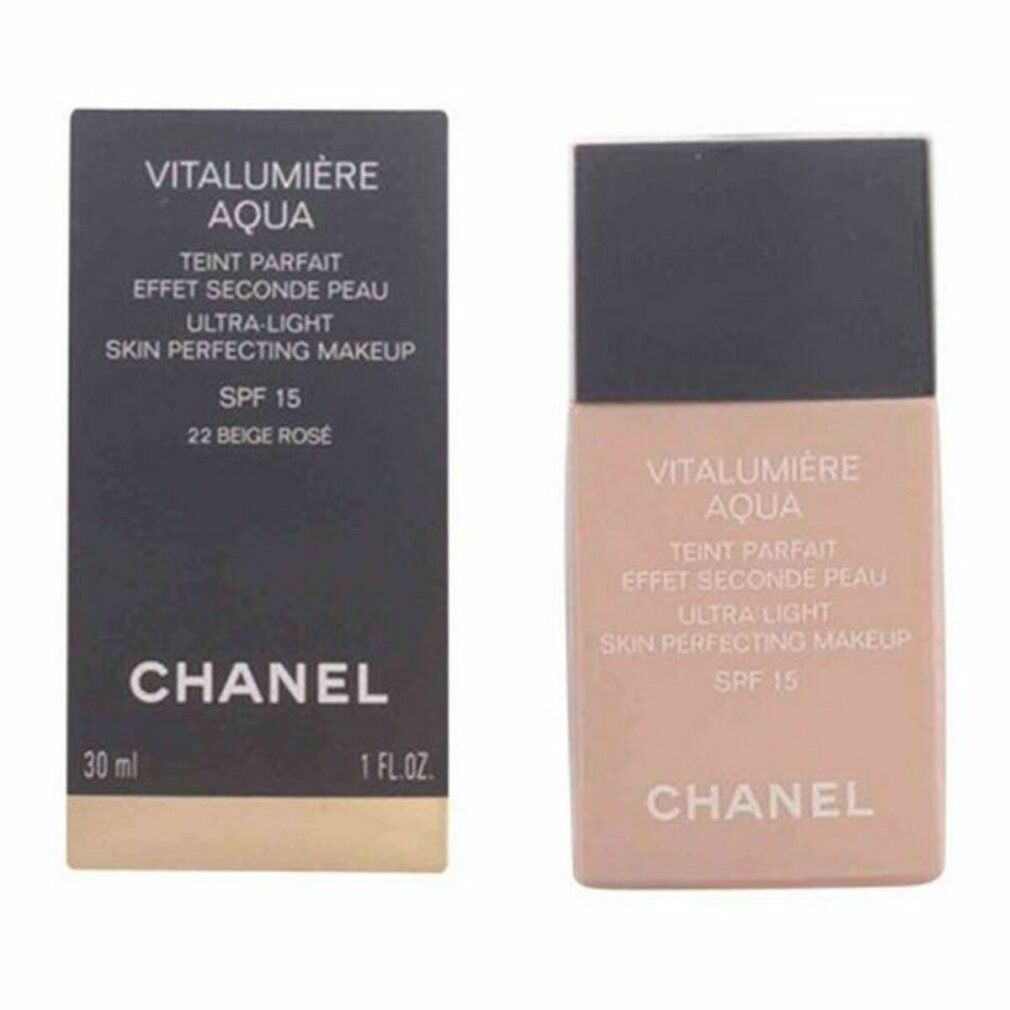 Chanel Vitalumiere Aqua Make up SPF 15. Flasche und Verpackung. Text: 22 Beige Rose, 30 ml, 1 FL.OZ, Chanel, Vitalumiere Aqua, SPF 15.
