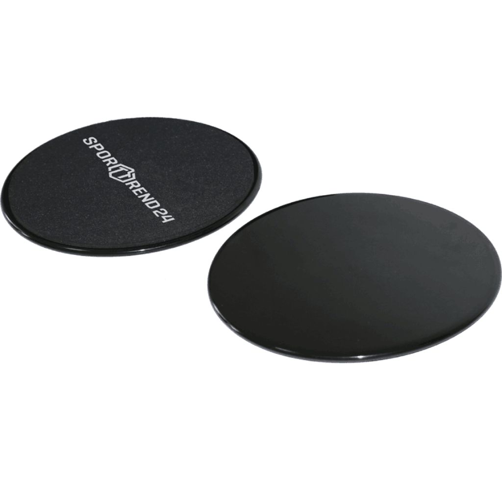 Zwei schwarze Sporttrend24 Slide Pads. Runde Form, eine Seite mit Logo, andere glatt.