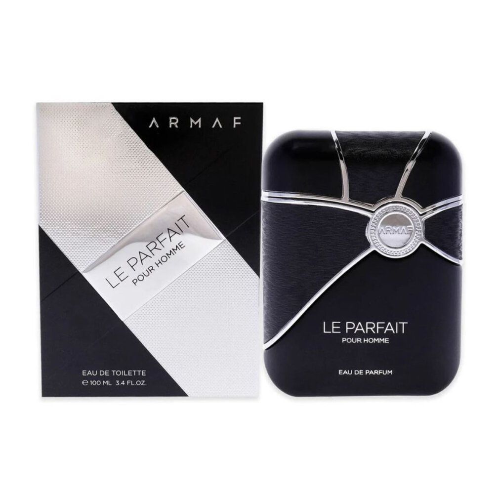 Schwarzer Flakon und Verpackung. Aufschrift: Armaf, Le Parfait Pour Homme, Eau de Parfum. Silberne Akzente.