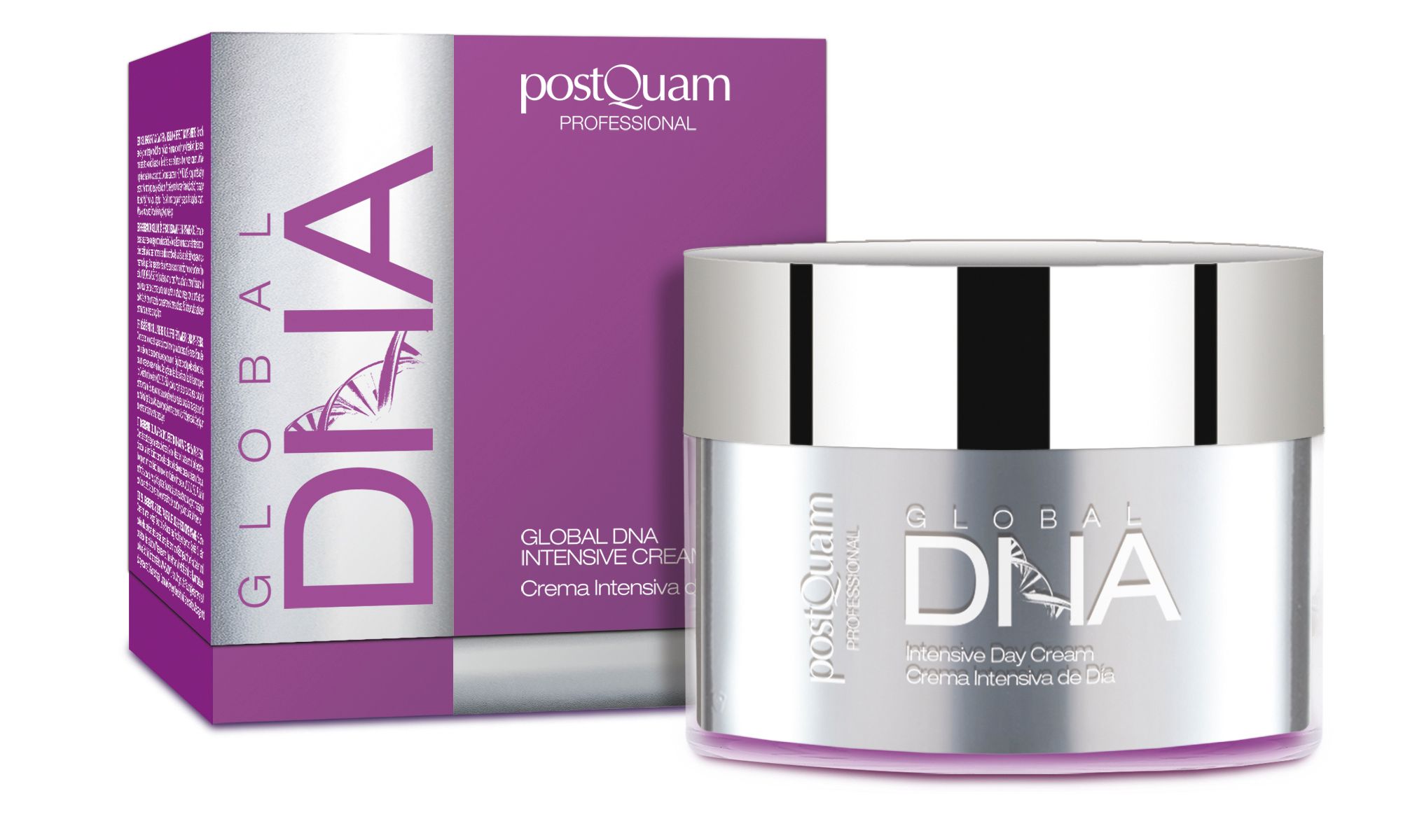 Creme-Glas und Verpackung. Produktname: Global DNA Intensive Day Cream. Marke: Postquam. Verpackung lila.