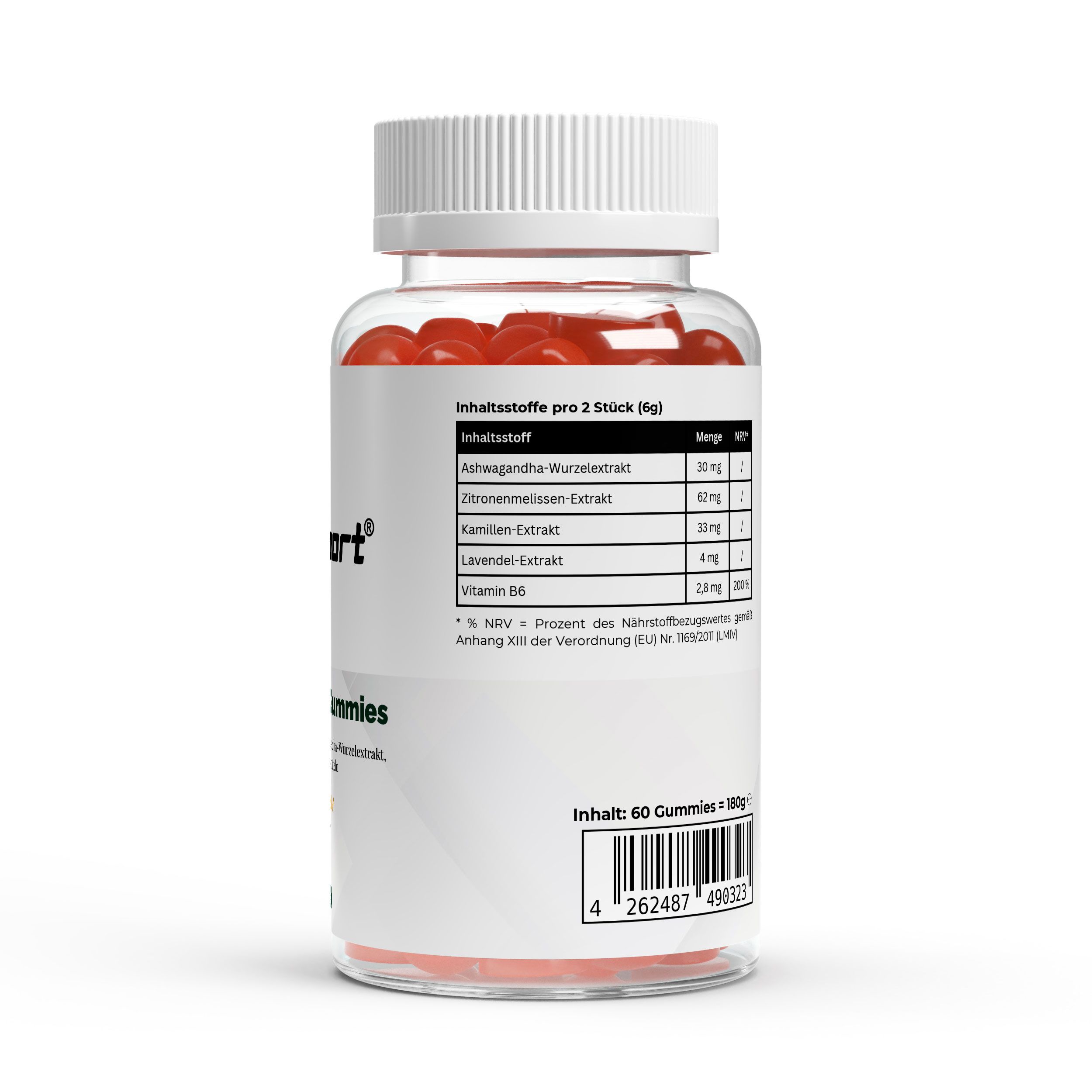 Transparente Flasche mit roten Gummibärchen. Aufkleber mit Inhaltsstoffen pro Portion, darunter Ashwagandha-Extrakt und Vitamin B6. 60 Gummies.