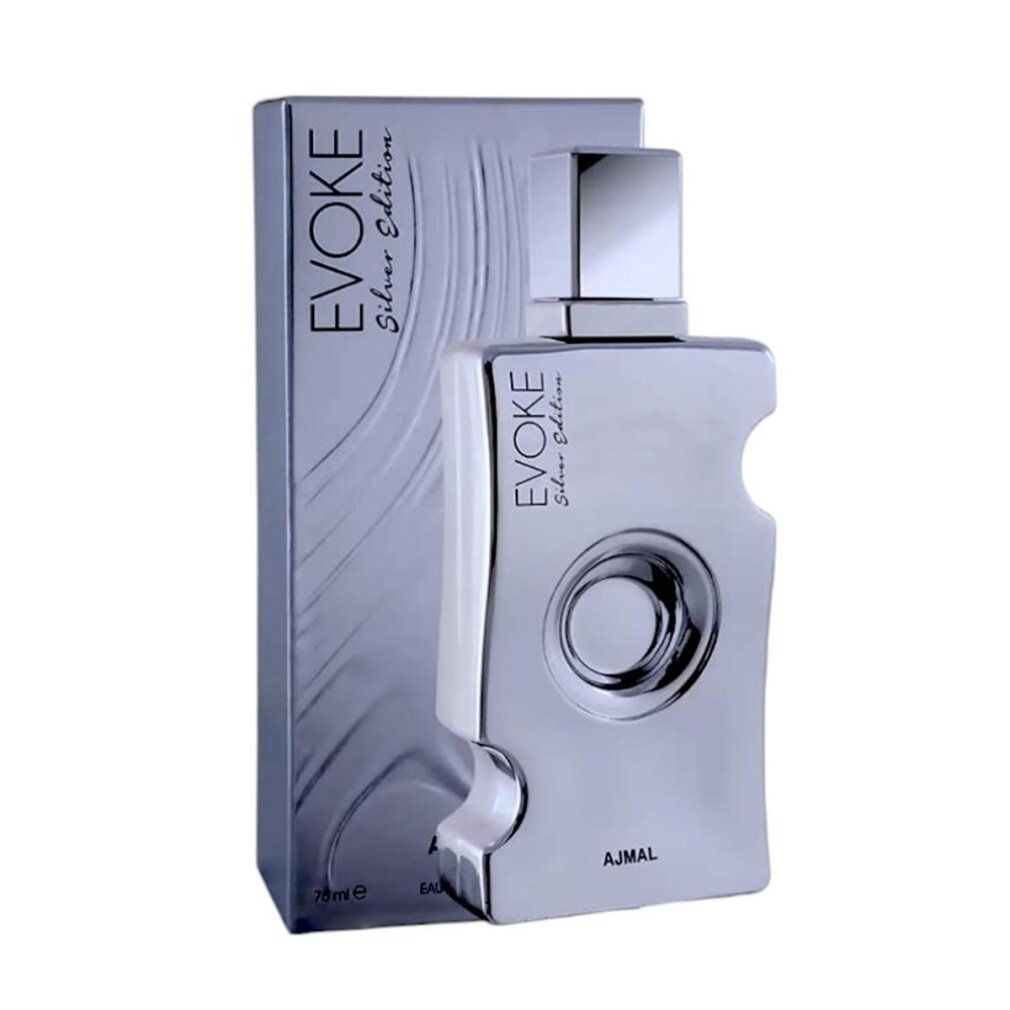 Silberne Verpackung und Flakon. Aufschrift: Evoke Silver Edition, Ajmal. Flakon mit quadratischem Deckel.