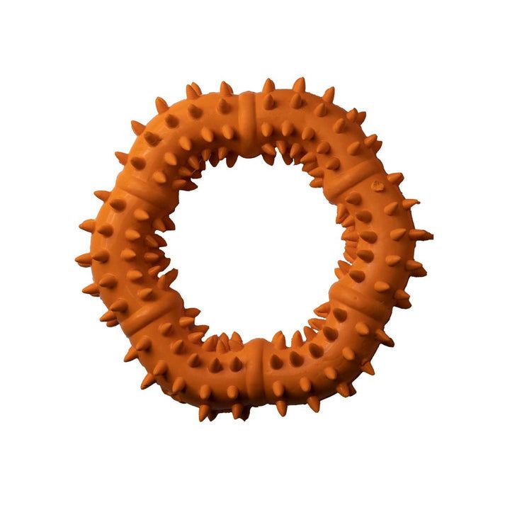 Beißring aus Naturkautschuk, orange, ringförmig mit Noppen. 
