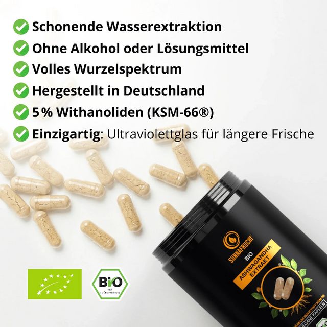 SUNNAFRUCHT BIO Ashwagandha Kapseln, schonende Wasserextraktion, KSM-66®, hergestellt in Deutschland.