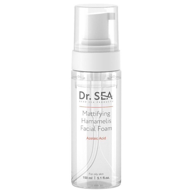 Flacon transparent avec pompe blanche. Inscription : Dr. SEA, Mattifying Hamamelis Facial Foam, Azelaic Acid. Pour peau grasse.