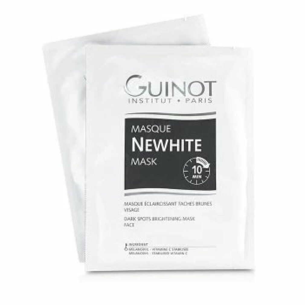 Zwei Guinot Newhite Mask Einzelpackungen. Aufschrift: Newhite, Masque, 10 Min. Marke: Guinot. Beschreibung: Masque Éclaircissant Taches Brunes, Face.