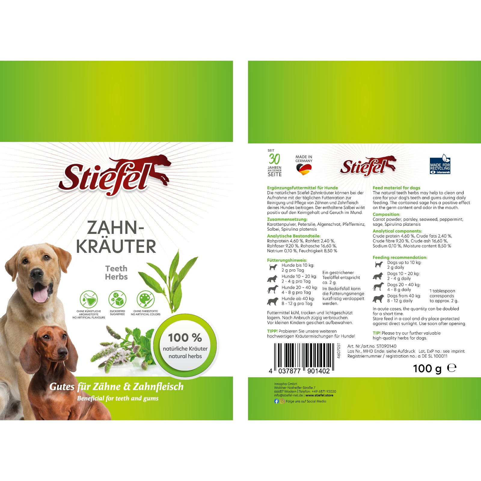 Verpackung von Stiefel Zahnkräuter. Grün-weißes Design mit Logo, Produktname, Hundeabbildungen und Text. 100g Packung. Enthält Kräuter für Zähne und Zahnfleisch.