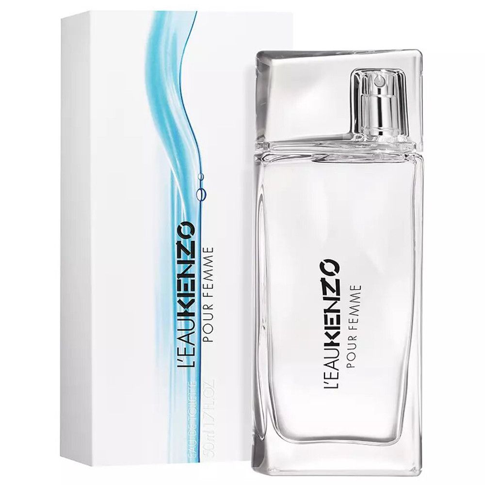 Kenzo L'Eau Kenzo Pour Femme Flakon und Verpackung. Weißer Karton mit blauem Design. Klarer Glasflakon mit Sprühkopf.