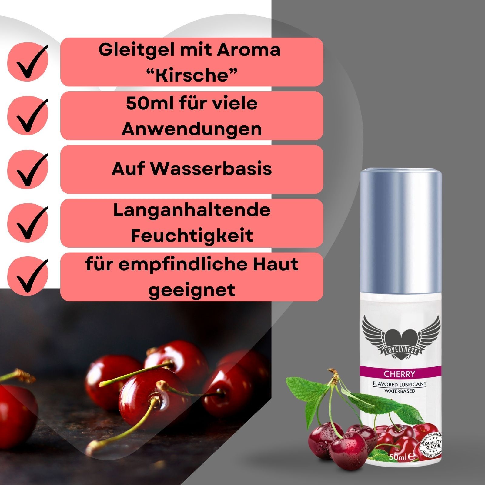 Gleitgel-Flasche mit Kirsch-Aroma. Text: Gleitgel mit Aroma Kirsche, 50ml, auf Wasserbasis, für empfindliche Haut.