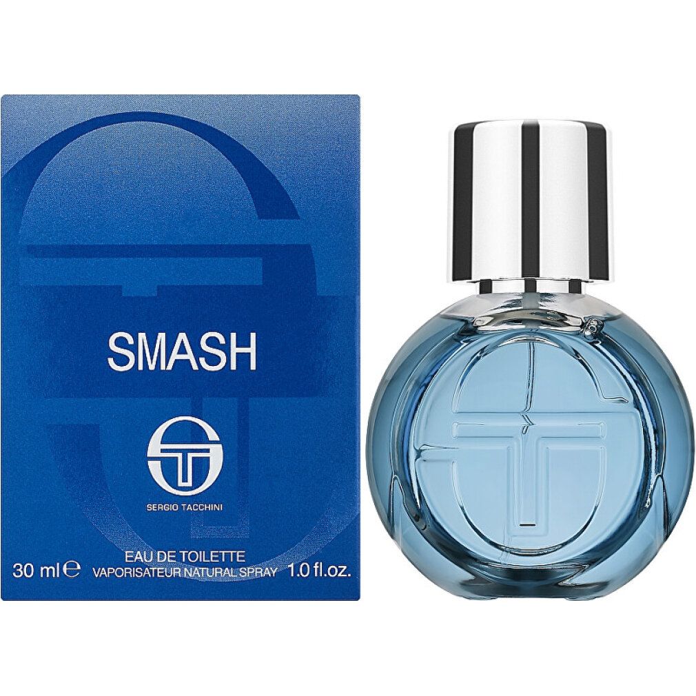 Sergio Tacchini Smash Eau de Toilette für Herren, 30ml Flakon mit silbernem Zerstäuber und blauer Verpackung.