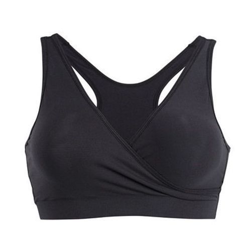 Schwarzes Medela Schlaf-Bustier. Überkreuzter Ausschnitt, Racerback-Design. Nahtlose Konstruktion.