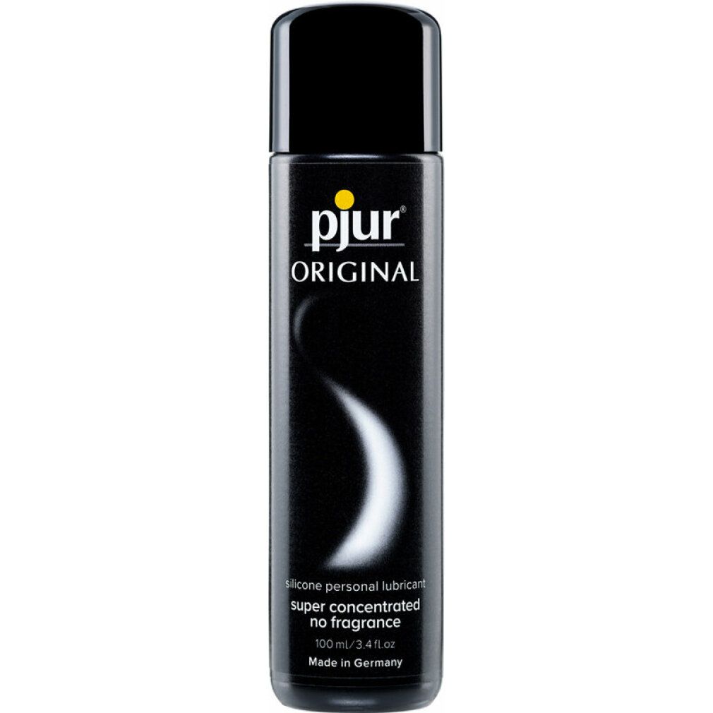 Schwarze Flasche mit schwarzem Deckel. Aufschrift: pjur ORIGINAL. Weiße, geschwungene Linie. Text: silicone personal lubricant no fragrance.