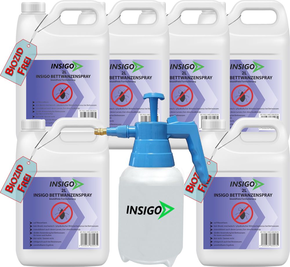 Mehrere weiße Behälter mit Aufschrift INSIGO Bettwanzenspray. Etikett BIOZID FREI. Ein blaues Sprühgerät.