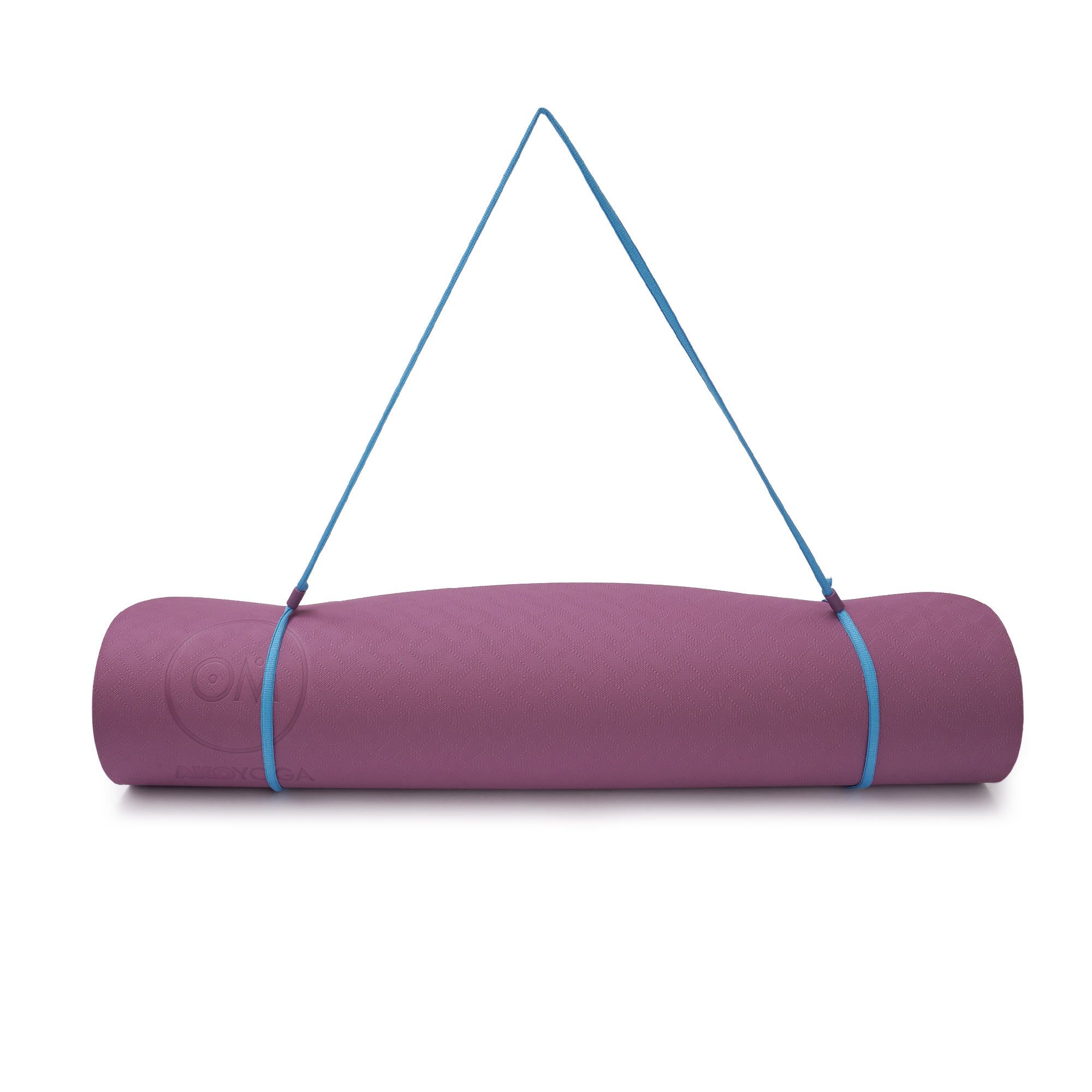 Zweifarbige Yogamatte, blau und aubergine, mit Tragegurt. TPE-Material.