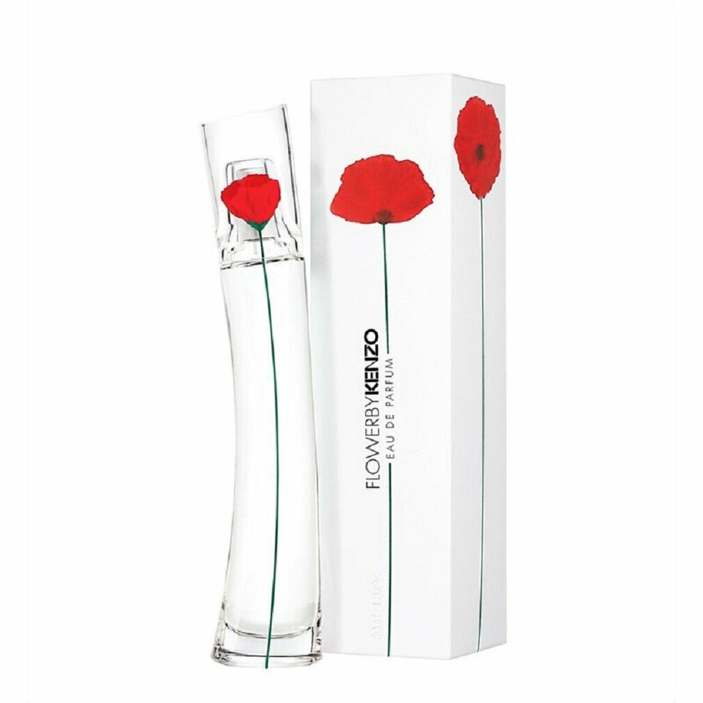 Parfümflasche und Verpackung. Flasche mit roter Blume, grüner Stiel. Verpackung mit roter Blume und Schriftzug.