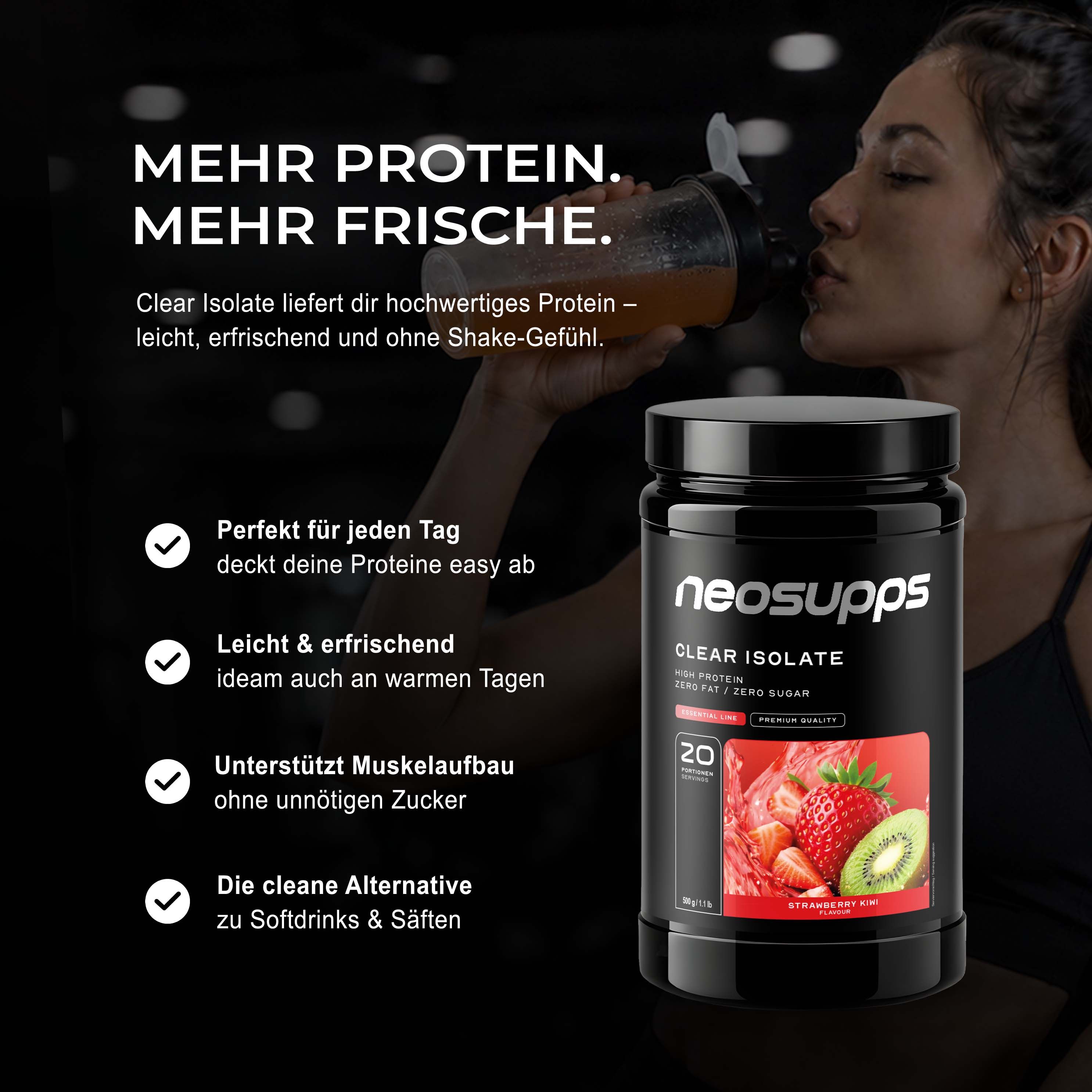 Neosupps Clear Whey Isolat Protein Pulver Strawberry Kiwi, 500g,  zuckerfrei, Abnehmen, Muskelaufbau