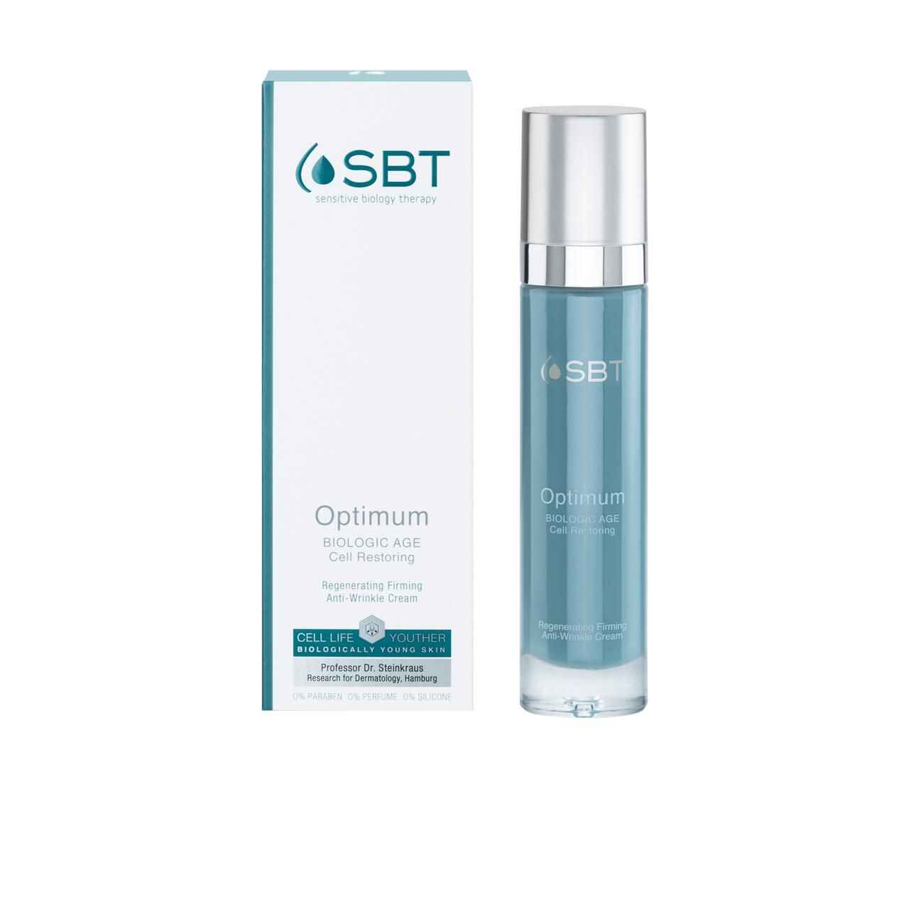 Zylindrische Flasche und Schachtel. Aufschrift: OPTIMUM BIOLOGIC AGE Cell Restoring. Text: Regenerating Firming Anti-Wrinkle Cream.