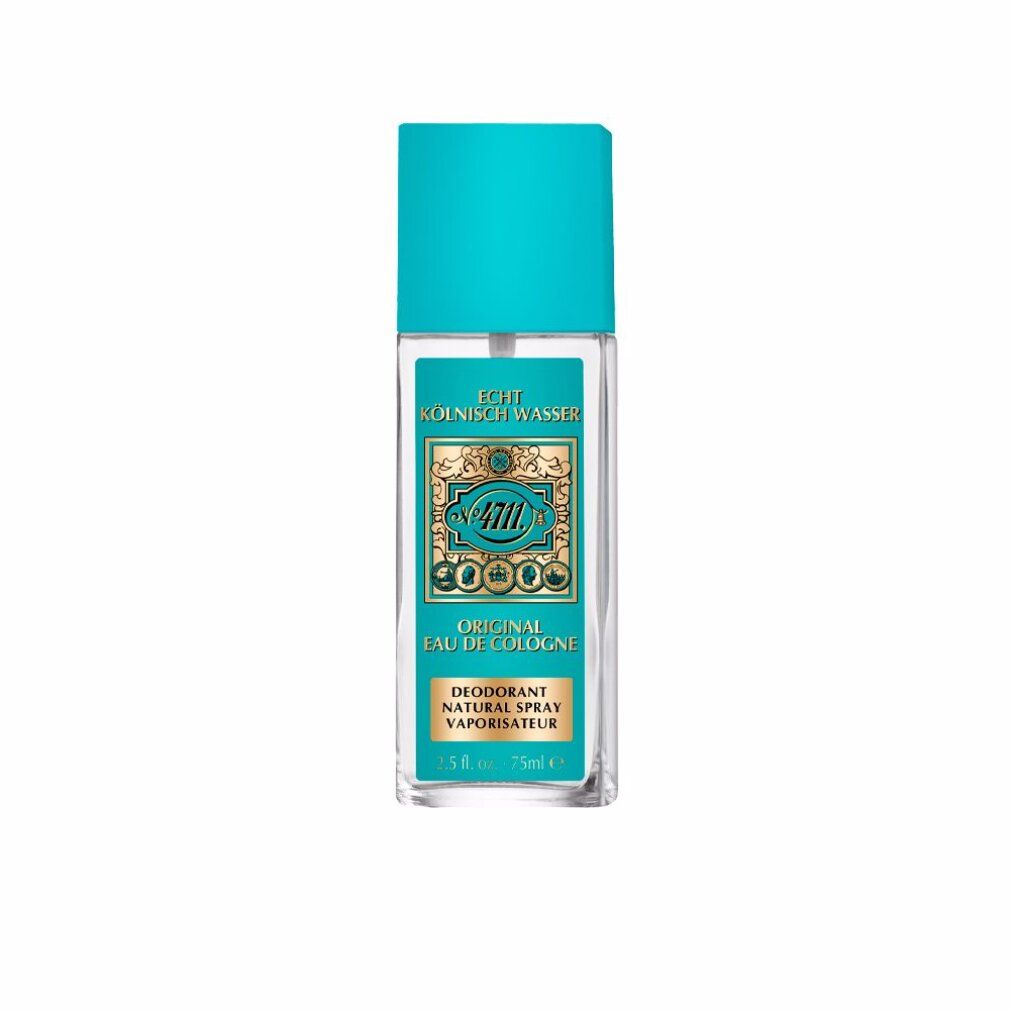 Deodorant-Spray mit türkisfarbenem Deckel. Aufschrift: 4711, Original Eau de Cologne. Transparente Flasche.