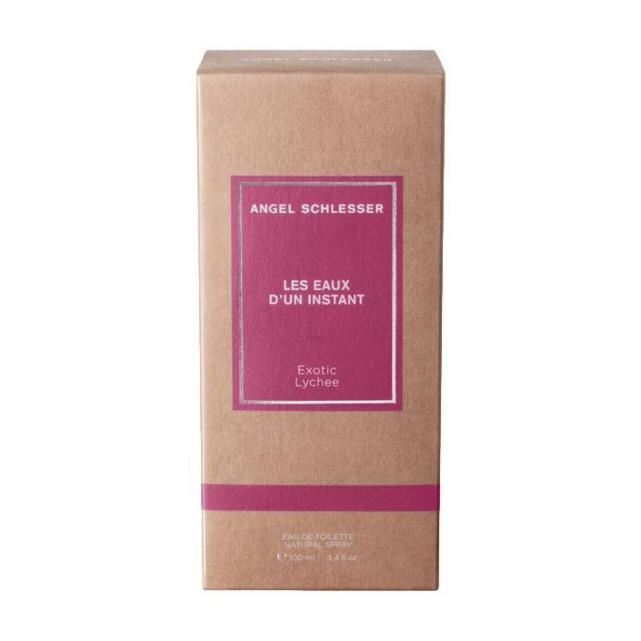 Braune Schachtel mit Text: Angel Schlesser, Les Eaux d'un Instant, Exotic Lychee. Rosa Rechteck.