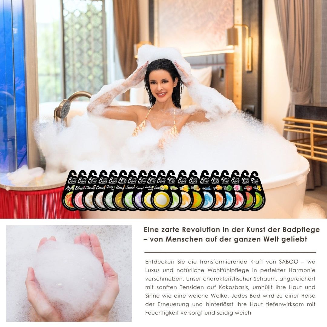 Frau in Badewanne mit Schaum. Reihe von Badebomben-Etiketten. Text: Eine zarte Revolution in der Kunst der Badpflege.