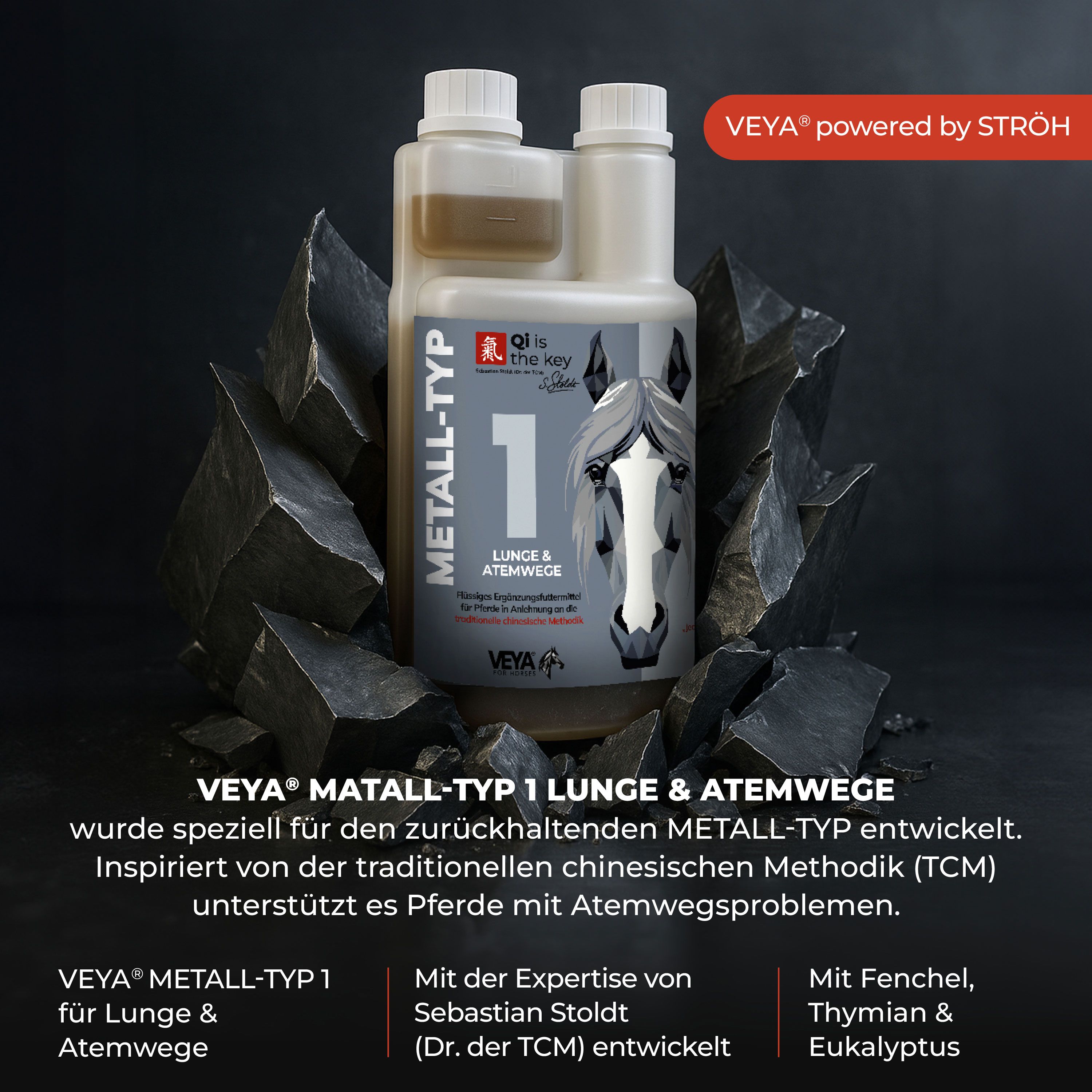 Doppelpackung VEYA METALL-TYP 1 für Lunge & Atemwege. Flaschen mit Flüssigkeit, Etikett mit Pferdezeichnung. Schwarzer Hintergrund.