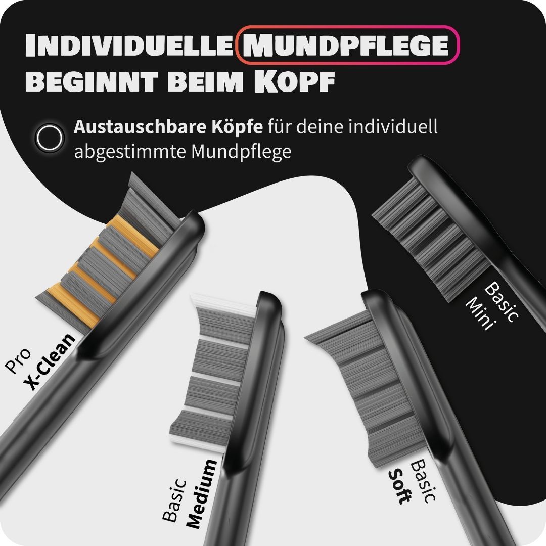Vergleich von vier Bürstenköpfen: Pro X-Clean, Basic Medium, Basic Soft, Basic Mini.