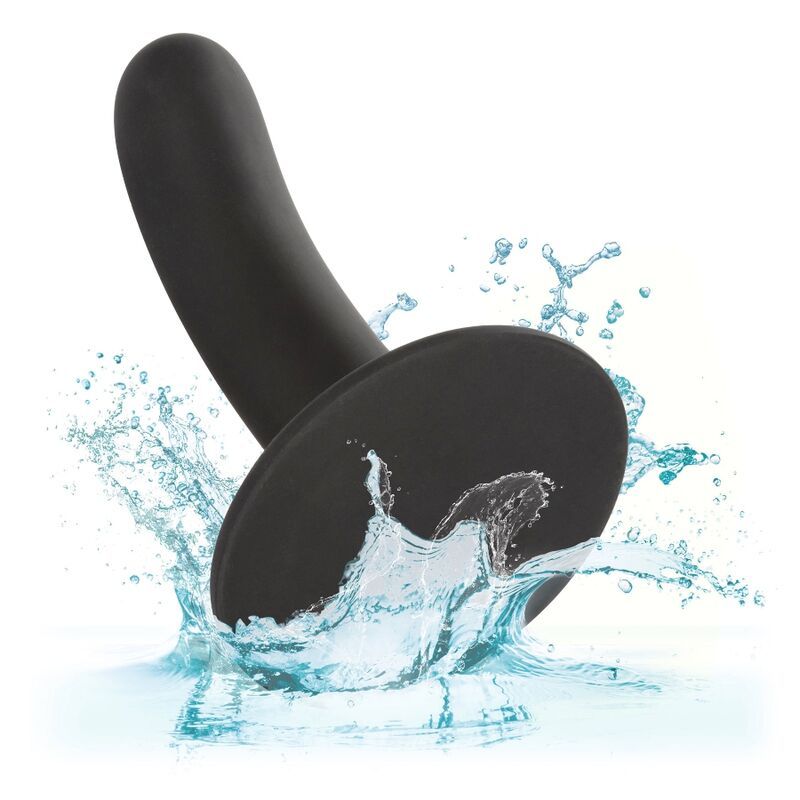 Schwarze Silikon-Sonde mit Saugbasis, umgeben von Wasserspritzern. Produkt hat abgerundete Spitze und flache Basis.