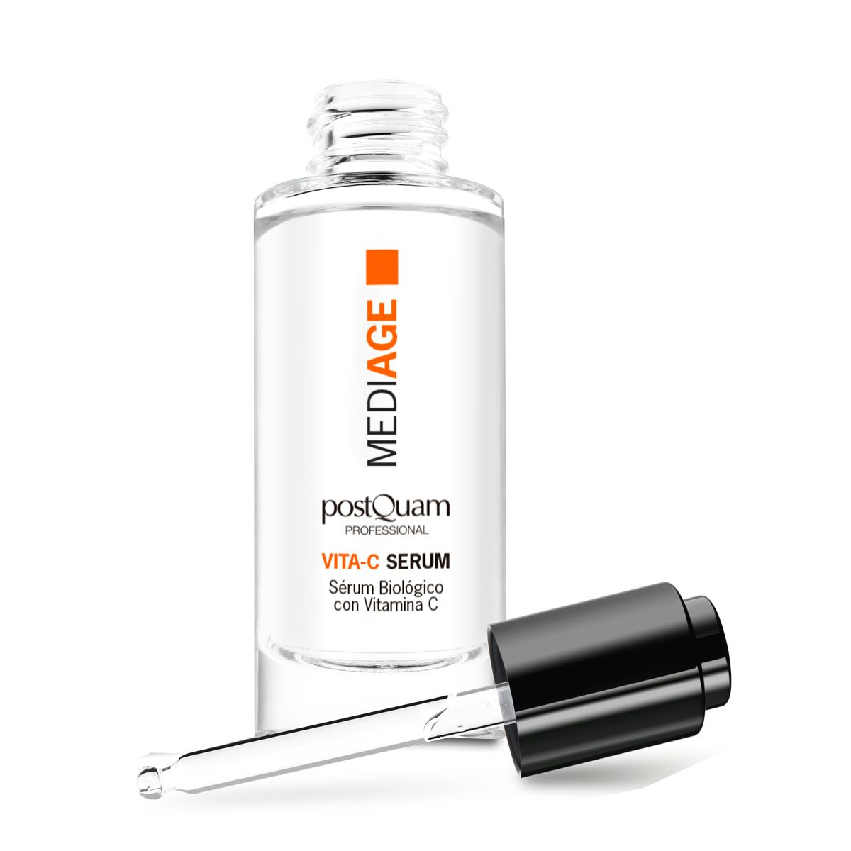 Serumflasche mit Pipette. Aufschrift: Mediage, Vita-C Serum, Serum Biologico con Vitamina C. Pipette liegt daneben.