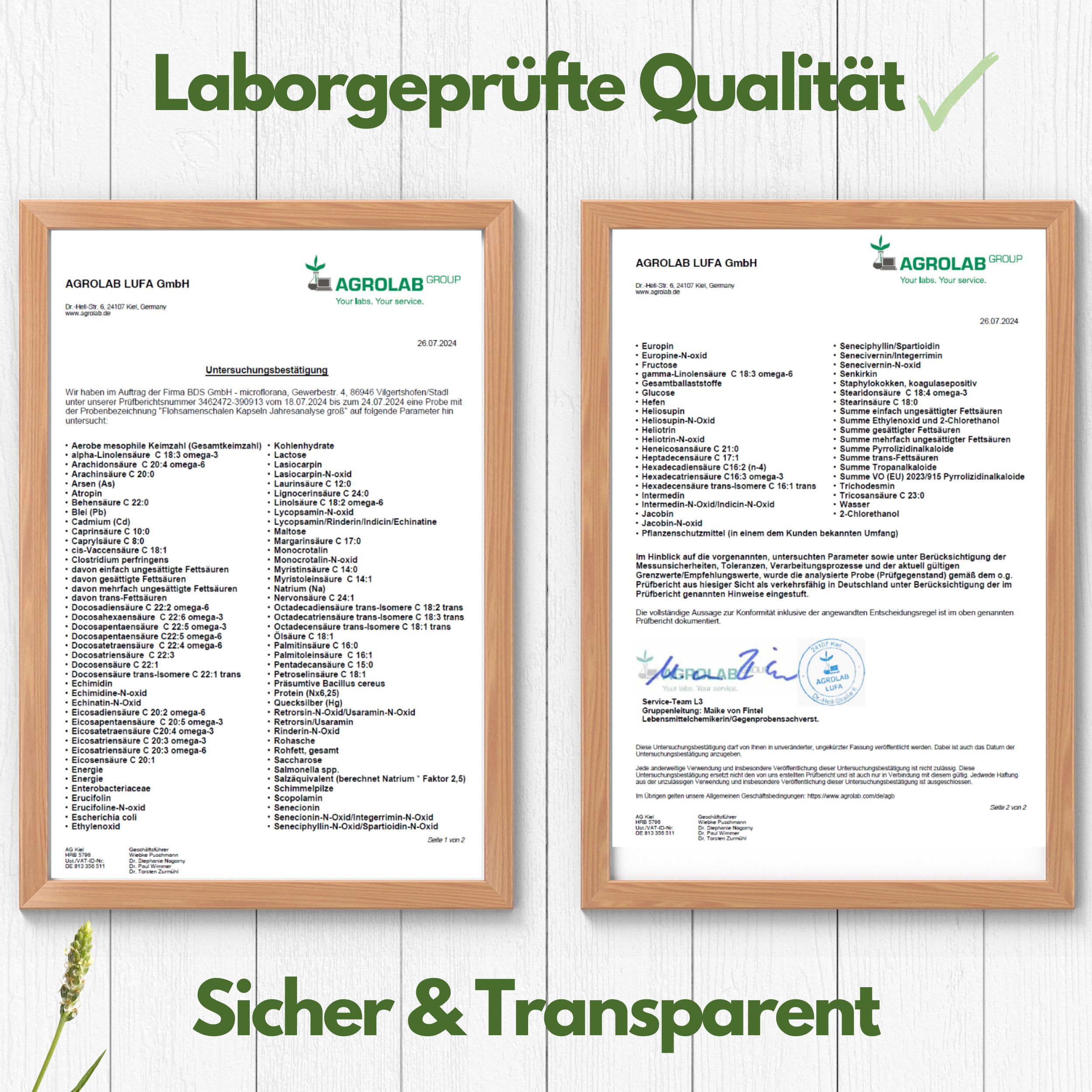 Zwei gerahmte Laborzertifikate. Text: Laborgeprüfte Qualität. Sicher & Transparent. Agrolab.