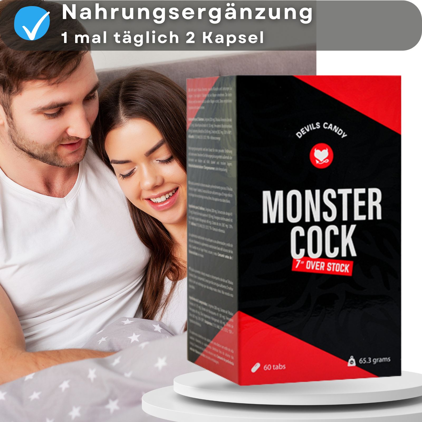 Schwarze und rote Schachtel. Aufschrift: MONSTER COCK. Enthält 60 Tabletten. Paar im Bett.