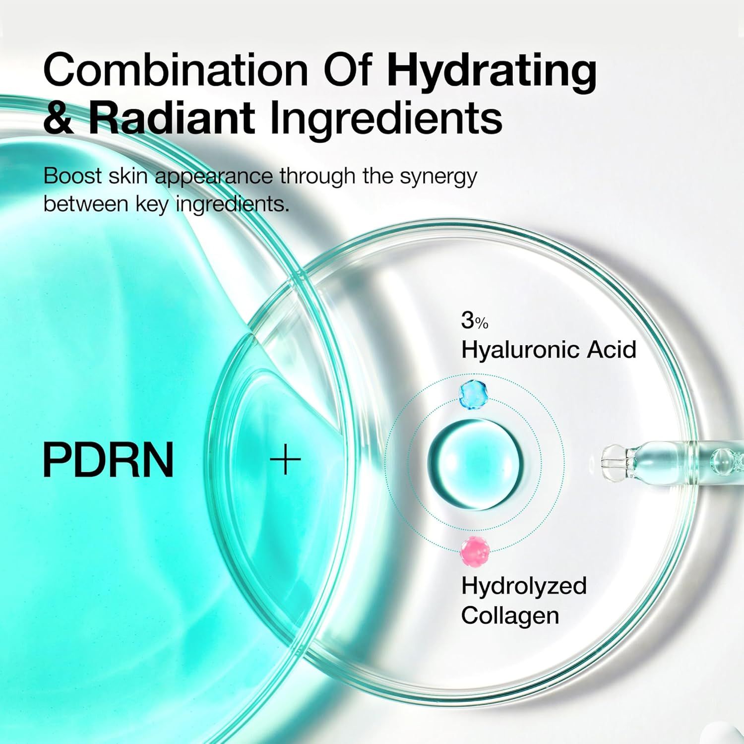 Kreisförmige Darstellung von Inhaltsstoffen. Text: PDRN, 3% Hyaluronsäure, hydrolysiertes Kollagen. Zusätzlicher Text.