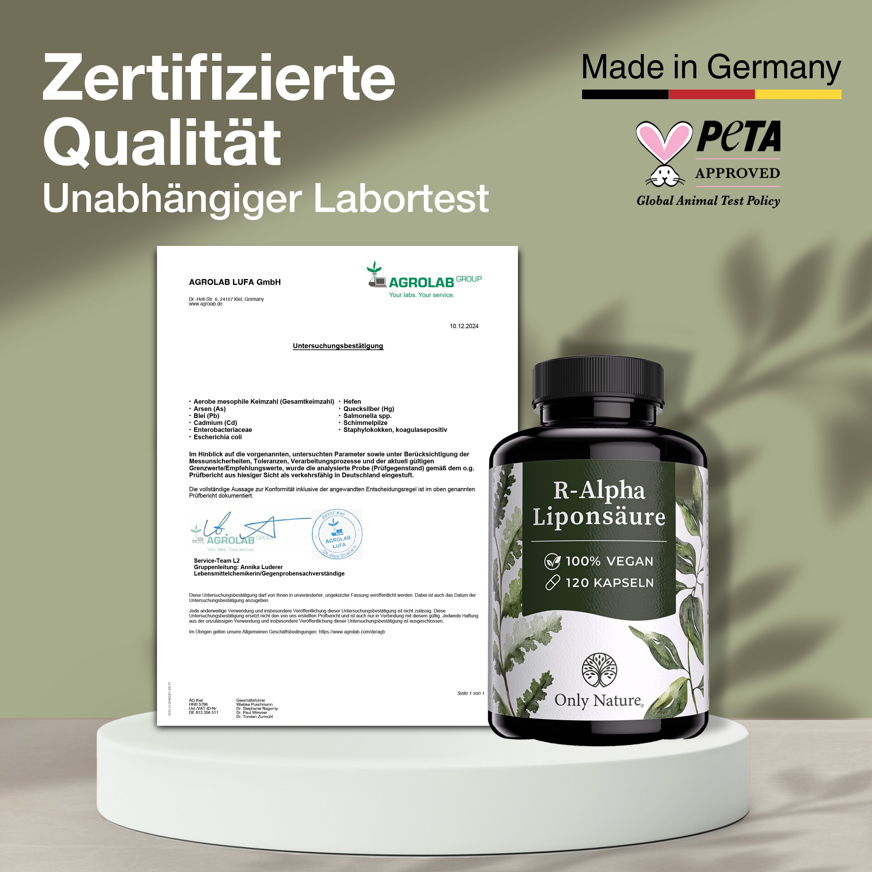 Flasche R-Alpha-Liponsäure neben Laborbericht. Zertifizierte Qualität, Made in Germany.