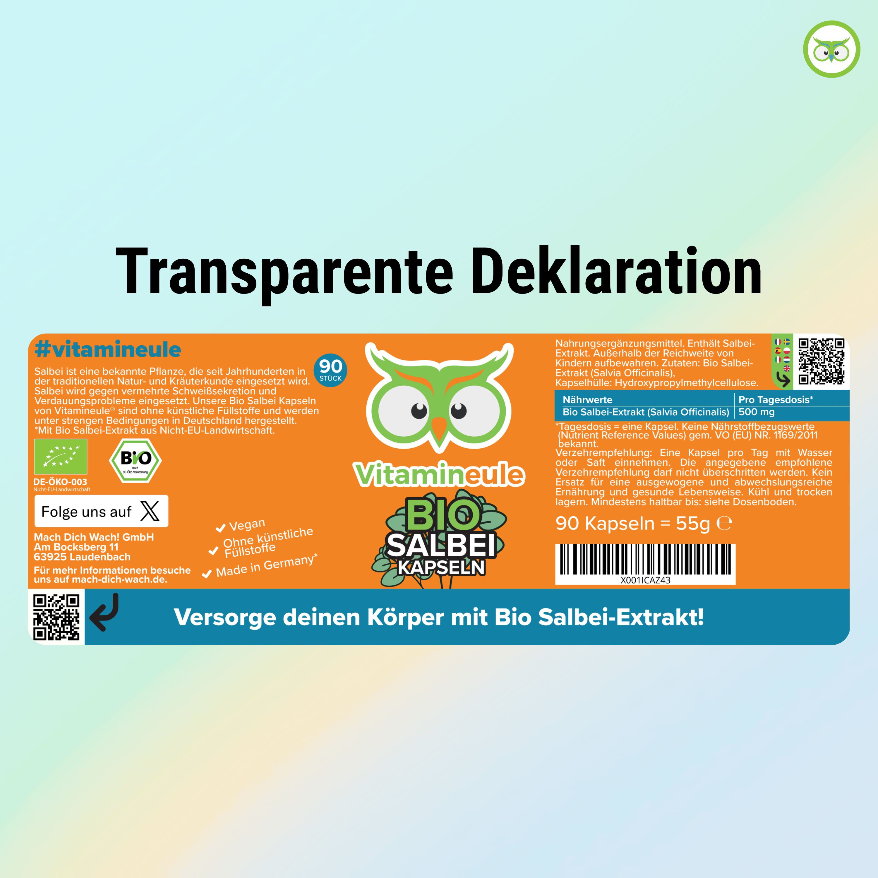 Produktverpackung mit Etikett. Aufschrift: Vitamineule BIO Salbei Kapseln. Enthält Informationen zu Inhaltsstoffen und Dosierung.