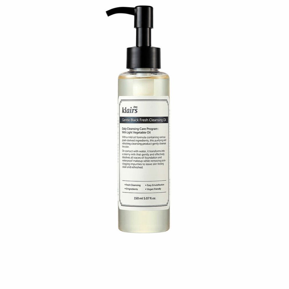 Klairs Gentle Black Fresh Cleansing Oil. Transparente Flasche mit schwarzem Pumpkopf. Produktetikett mit Text. Auf weißem Hintergrund.