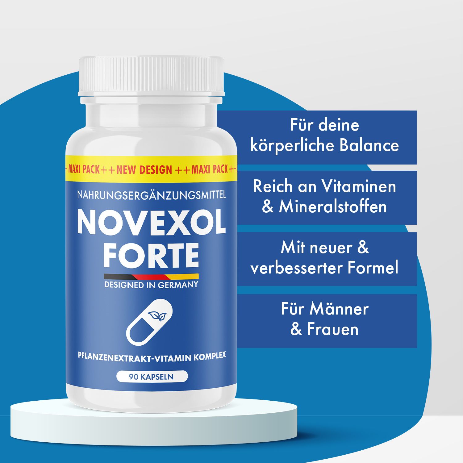 Nahrungsergänzungsmittel-Dose auf Podest. Blaue Dose mit weißem Deckel, Aufschrift Novexol Forte. Textbox mit Produktvorteilen.