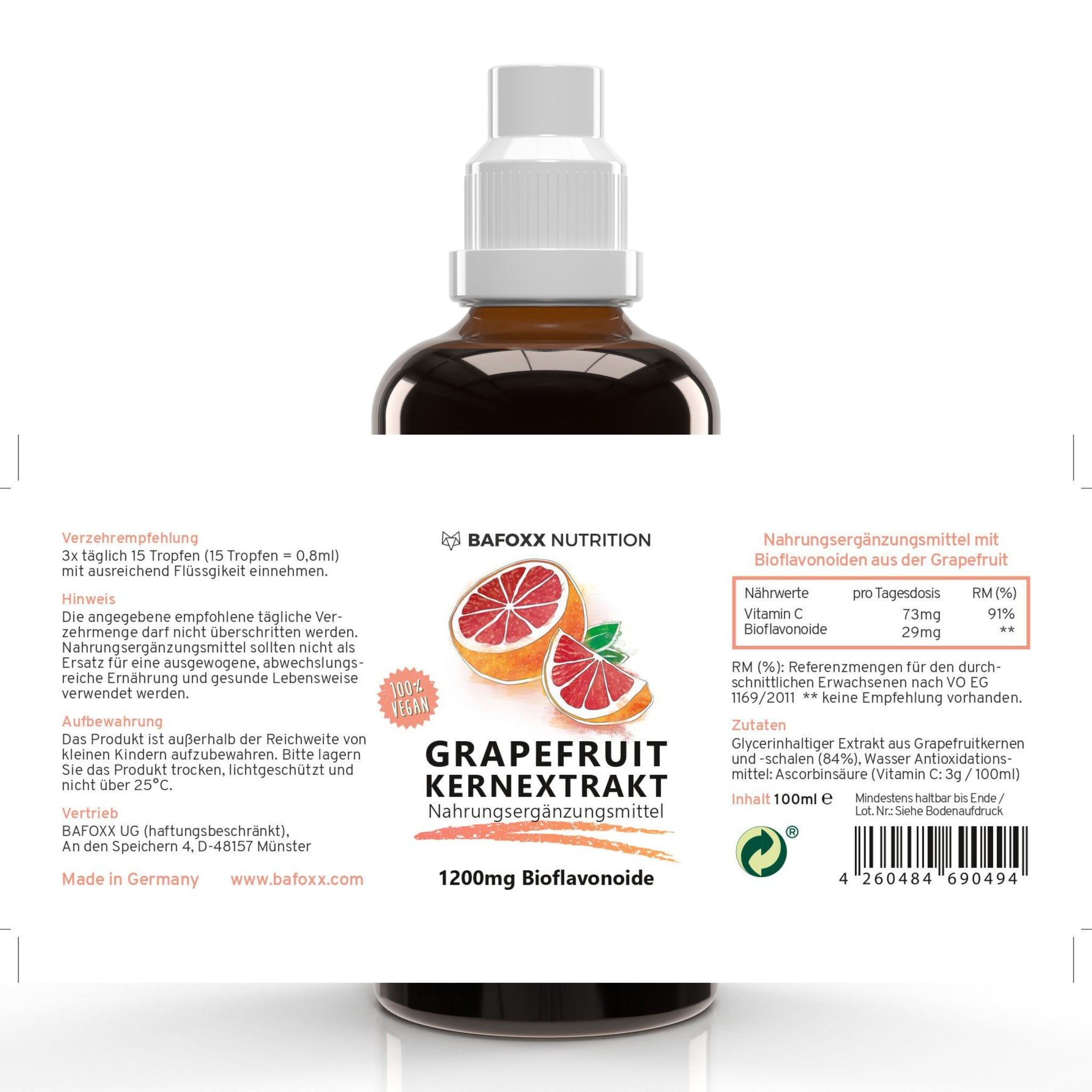 Etikett einer Flasche mit Grapefruitkernextrakt. Enthält 1200mg Bioflavonoide. Nährwertangaben: Vitamin C, Bioflavonoide. Vegan.