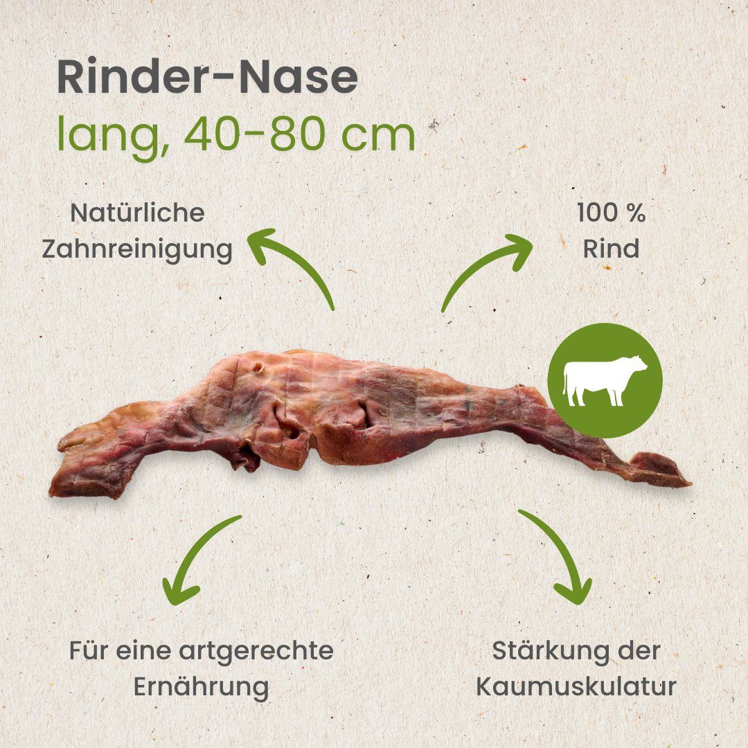 Lange Rinder-Nase, 40-80 cm, 100% Rind, unterstützt natürliche Zahnpflege.