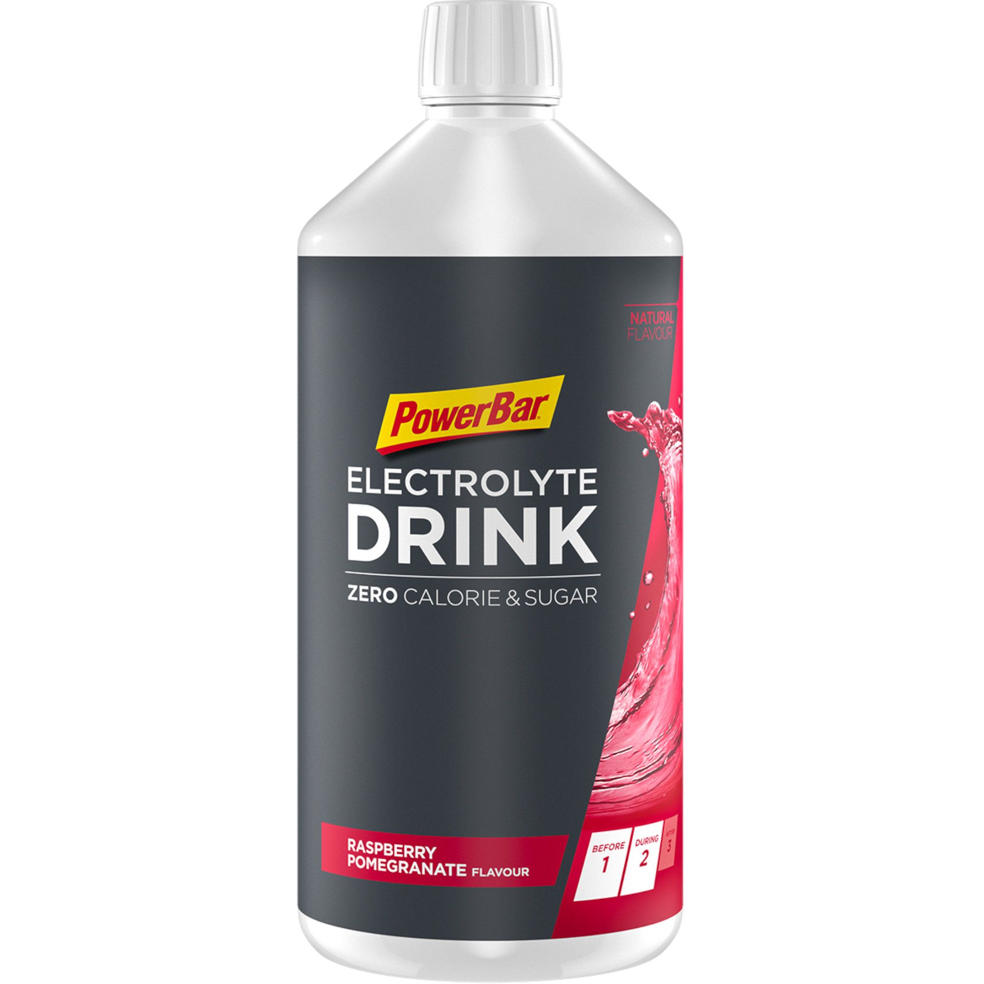 Weiße Flasche mit schwarzem Etikett. Aufschrift PowerBar Electrolyte Drink, Himbeer-Granatapfel-Geschmack. Null Kalorien und Zucker.