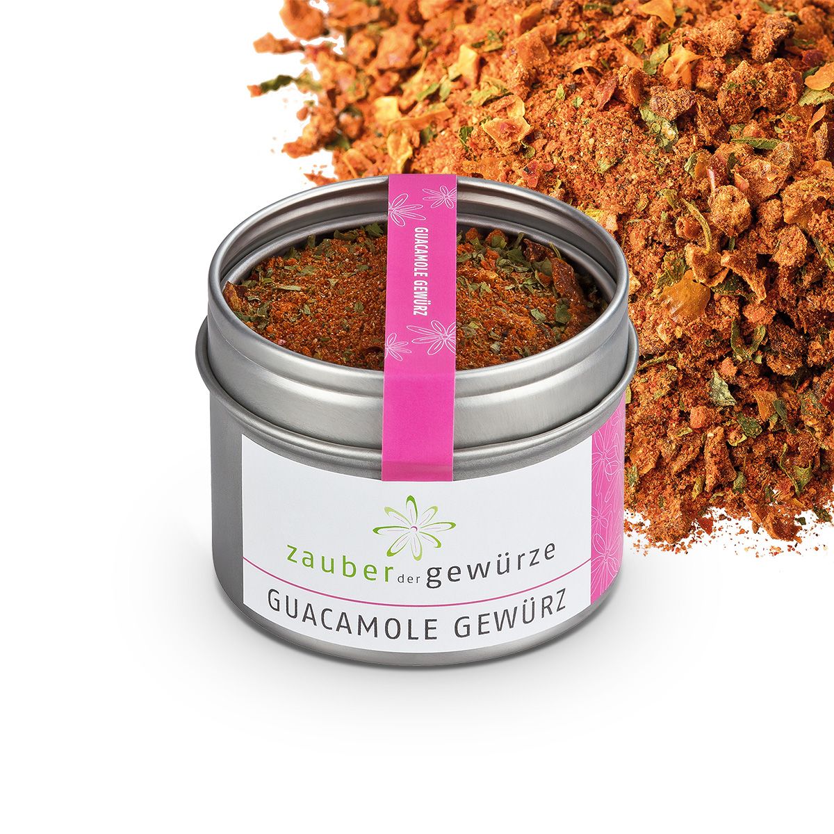 Geöffnete Dose Guacamole-Gewürz. Rosa Etikett mit Produktname und Logo. Gewürzmischung daneben verstreut.