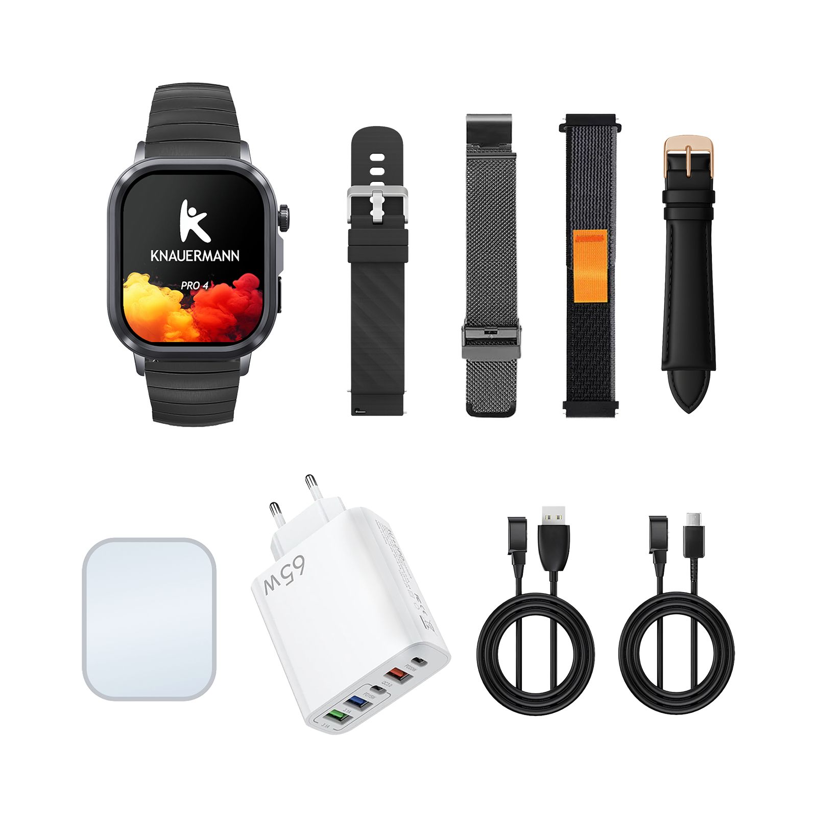 Smartwatch mit schwarzem Armband, Zubehör: 4 Armbänder, Ladegerät, Kabel, Displayschutz. Auf dem Display: Knauermann PRO 4.