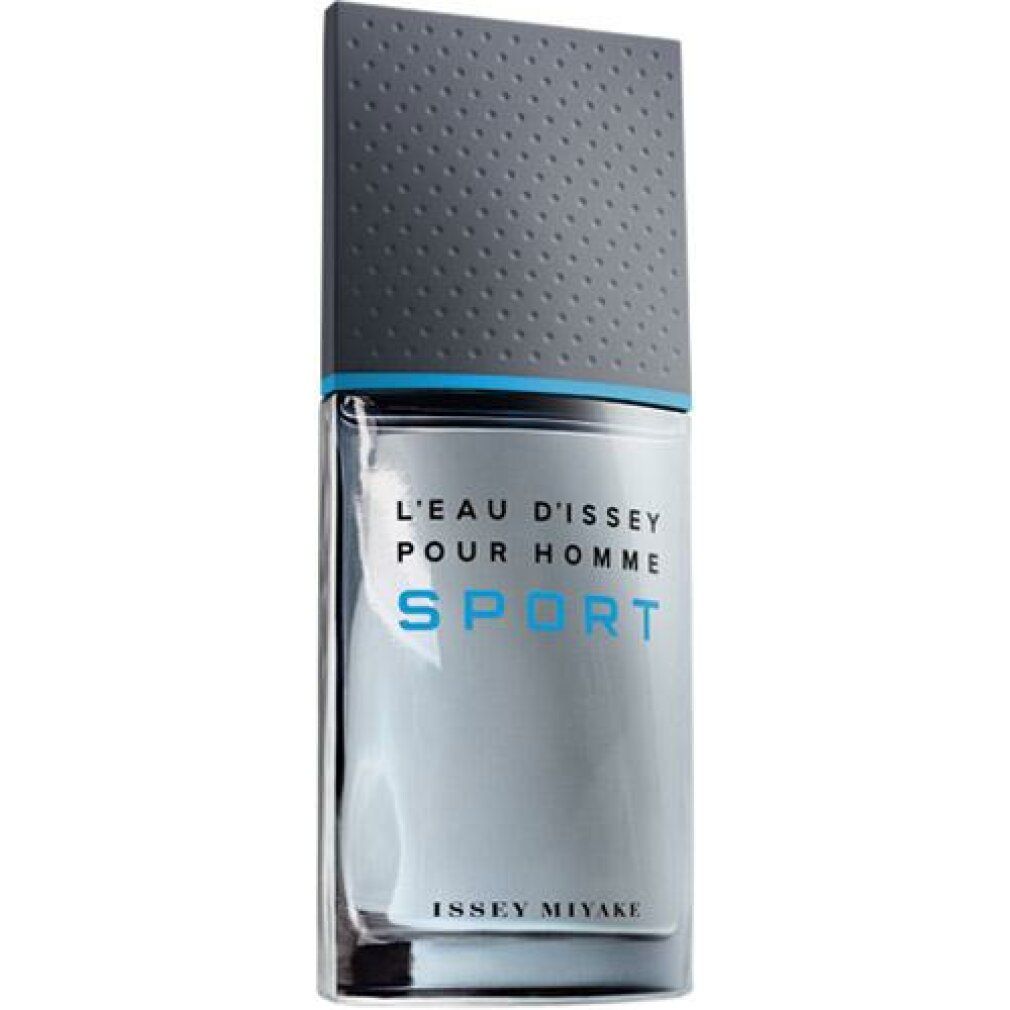 Flakon mit grauem Deckel und blauen Akzenten. Aufschrift: L'Eau d'Issey Pour Homme Sport. Issey Miyake.