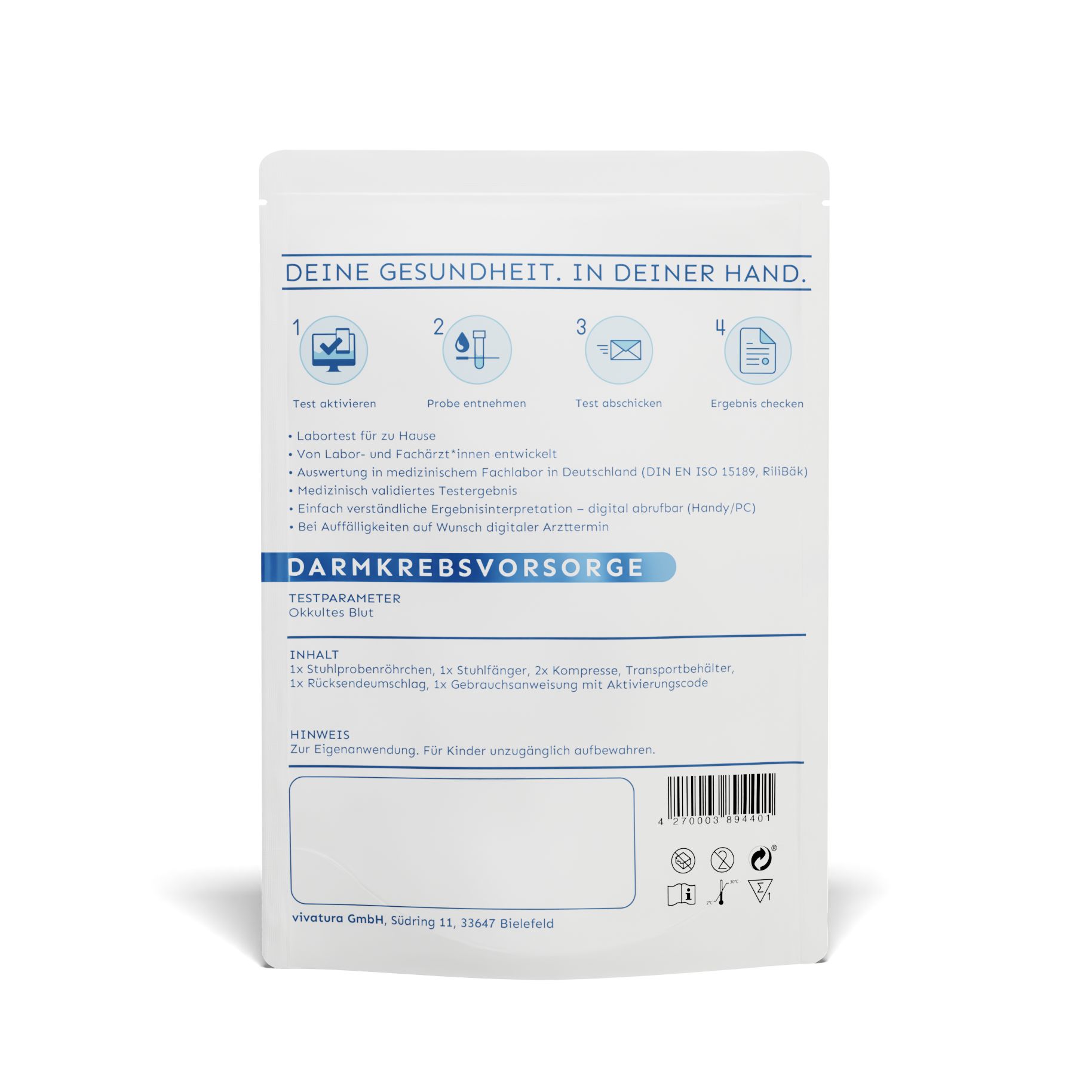 Rückseite des Test-Kits mit Anweisungen und Inhaltsangabe. Enthält Informationen zur Darmkrebsvorsorge. Weißer Hintergrund.