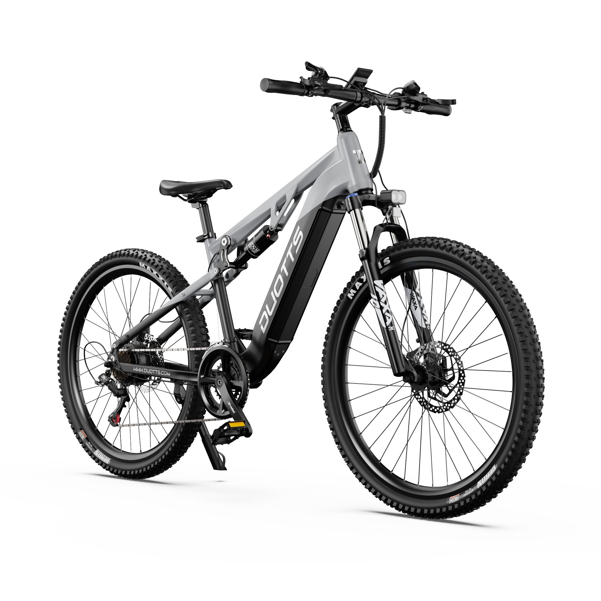 Graues E-Mountainbike DUOTTS. Schwarze Reifen, Sattel und Rahmen. DUOTTS-Logo am Rahmen. 27,5 Zoll.