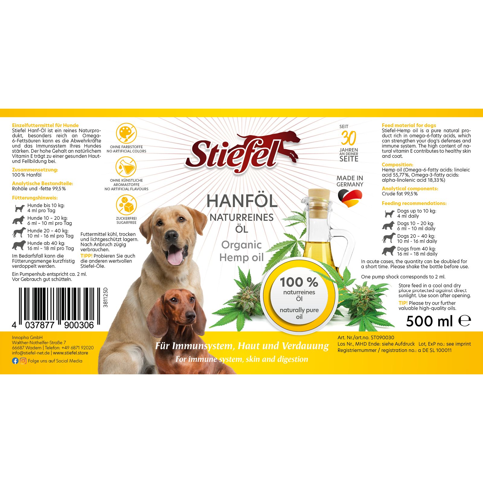 Etikett von Stiefel Hanföl. Produktname, Inhaltsstoffe, Dosierungsempfehlungen und Abbildungen von Hunden. 500 ml Flasche.