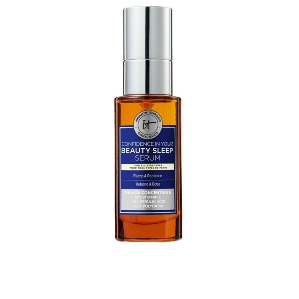 Braune Serumflasche mit silbernem Deckel. Aufschrift: Confidence in Your Beauty Sleep Serum. Marke: IT Cosmetics. Mit Text.