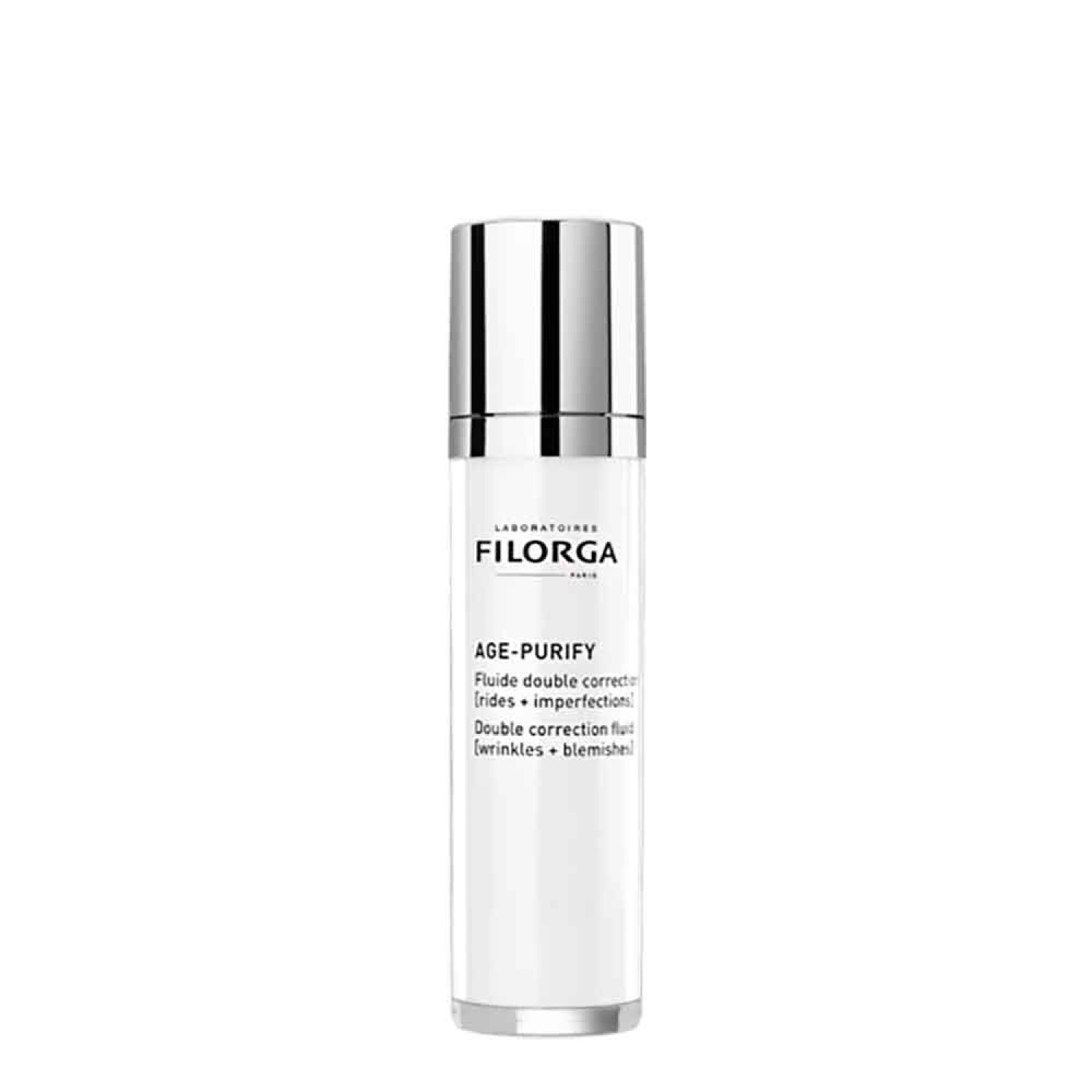 Filorga Age-Purify Fluid. Weiße Flasche mit silbernem Verschluss. Text: Age-Purify.