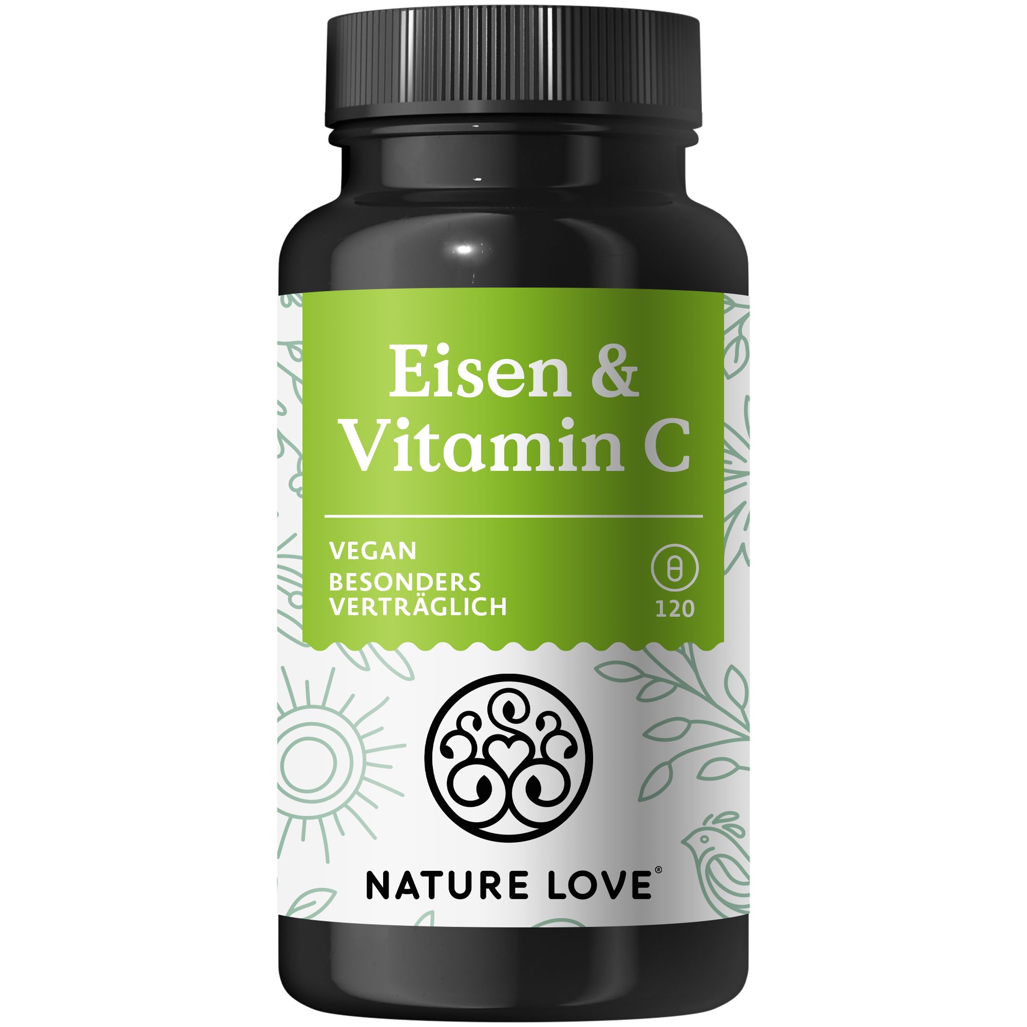 Schwarze Flasche mit grünem Etikett. Aufschrift: Eisen & Vitamin C, vegan, 120 Kapseln. Marke: NATURE LOVE®.