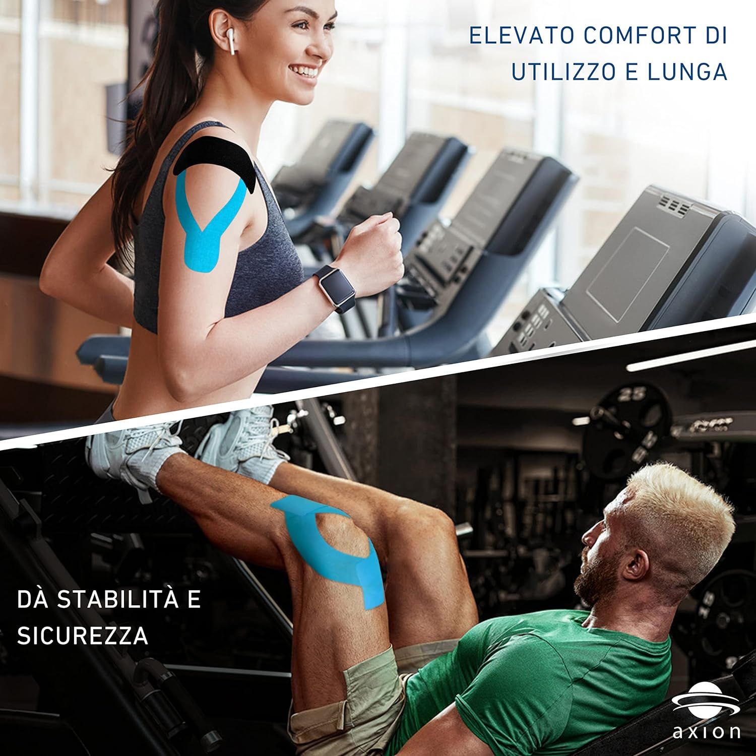 Eine Frau und ein Mann trainieren im Fitnessstudio. Beide tragen blaues Kinesiologie-Tape. Der Text wirbt für Komfort und Stabilität. Das Logo von Axion ist sichtbar.