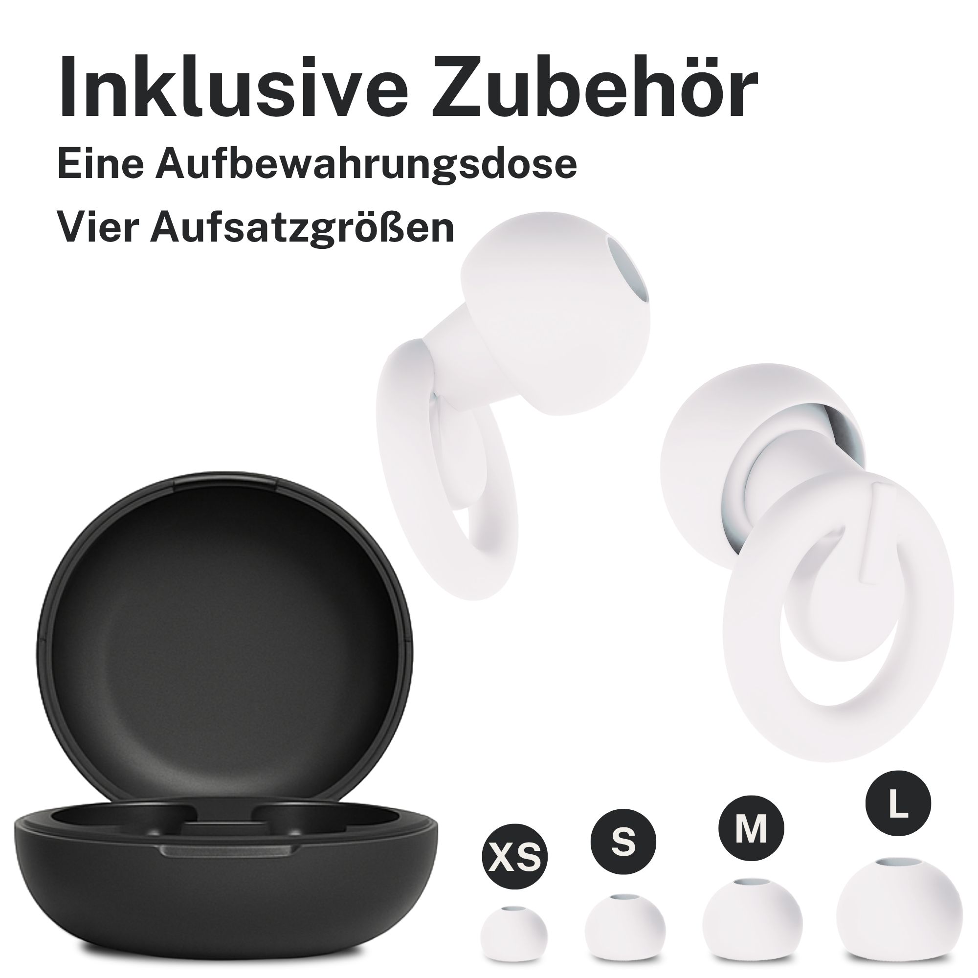 Ohrstöpsel, weiß, mit schwarzer Aufbewahrungsdose. Vier Größen: XS, S, M, L. Inklusive Zubehör.