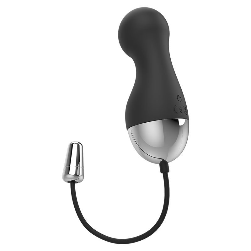 Schwarzes Ei mit silberfarbenem Unterteil und Kabel. Fernbedienung. Auf weißem Hintergrund.